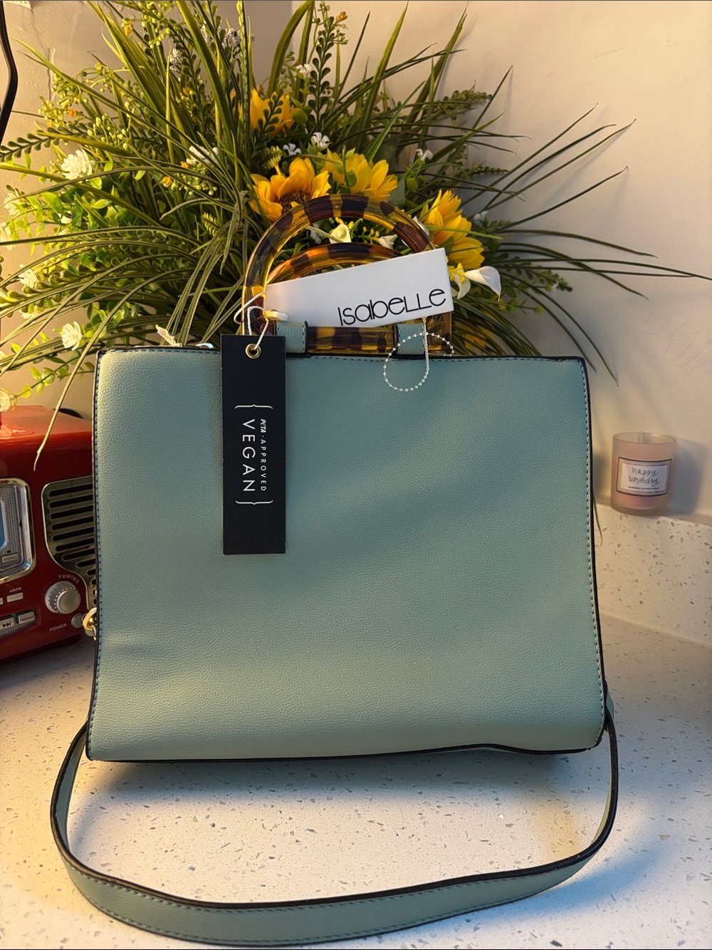 Isabelle Vegan Mint Green Purse with Tortoiseshell Handles